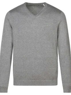 Pull gris uni avec une coupe droite à col v et nom de la marque