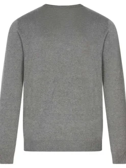 Pull gris uni avec une coupe droite à col v et nom de la marque