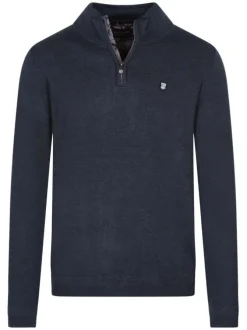 Pull half zip marine chiné avec petit écusson bicolore cousu