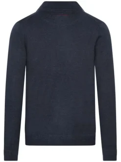 Pull half zip marine chiné avec petit écusson bicolore cousu