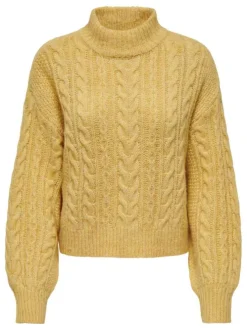 Pull jaune uni avec une coupe droite à col montant et des manches longues