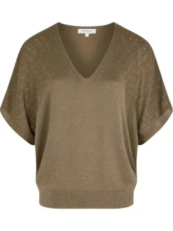 Pull kaki à coupe droite pourvu d'un col v et de manches courtes