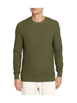 Pull kaki en coton uni avec un col rond en maille structurée