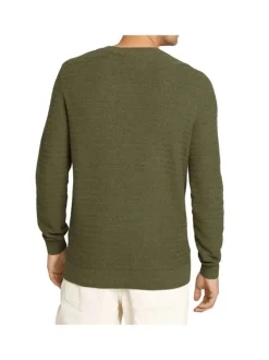 Pull kaki en coton uni avec un col rond en maille structurée