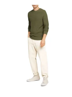 Pull kaki en coton uni avec un col rond en maille structurée