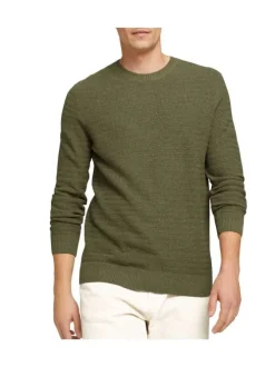 Pull kaki en coton uni avec un col rond en maille structurée