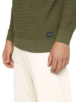 Pull kaki en coton uni avec un col rond en maille structurée