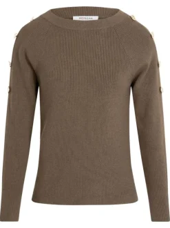 Pull kaki en maille fine avec un col bateau et des boutons décoratifs dorés