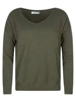 Pull kaki en maille fine avec une coupe droite et un col V
