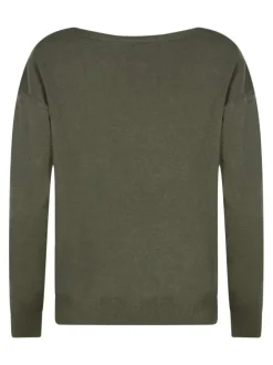 Pull kaki en maille fine avec une coupe droite et un col V