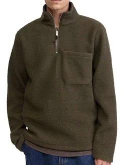 Pull kaki en maille sherpa avec une coupe droite et un col camionneur