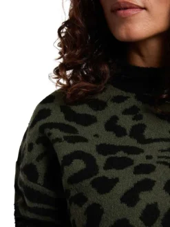 Pull kaki en maille tricotée à manches longues orné de motifs animalier