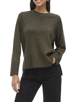 Pull kaki en maille tricotée pourvu d'un col rond et de manches longues