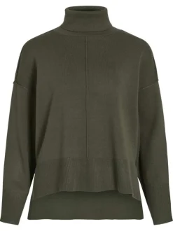 Pull kaki en maille tricotée pourvu d'un col roulé et de manches longues