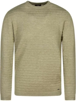 Pull kaki rayé avec une coupe droite un col rond et des manches longues