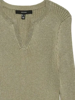 Pull kaki uni avec incrustation de fils lurex et col tunisien