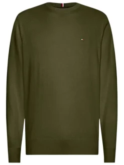 Pull kaki uni avec logo de la marque brodé à manches longues