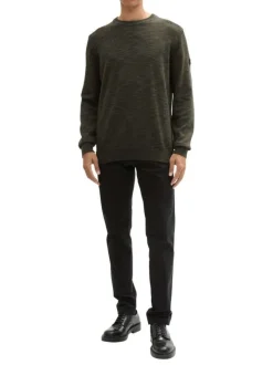 Pull kaki uni avec une coupe droite à col rond et patch d'authenticité