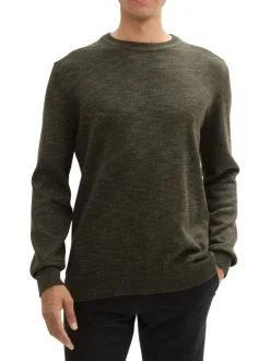Pull kaki uni avec une coupe droite à col rond et patch d'authenticité