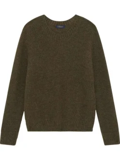 Pull kaki uni en maille tricotée avec une coupe droite et un col rond