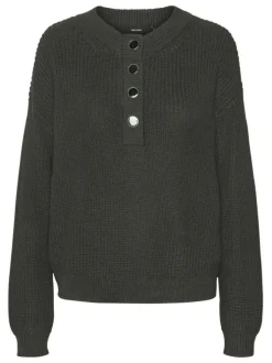Pull kaki uni en maille tricotée à coupe droite et à col boutonné