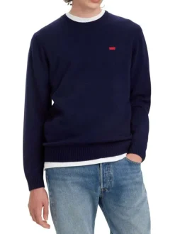 Pull léger oversize en laine stretch bleu muit à col rond côtelé