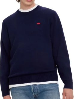 Pull léger oversize en laine stretch bleu muit à col rond côtelé
