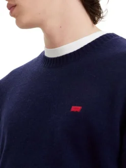 Pull léger oversize en laine stretch bleu muit à col rond côtelé