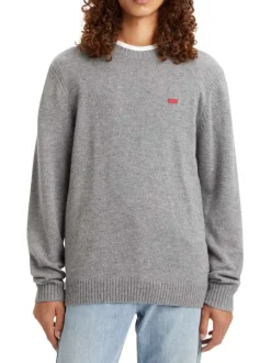 Pull léger oversize en laine stretch grise unie à col rond côtelé