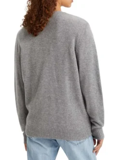 Pull léger oversize en laine stretch grise unie à col rond côtelé
