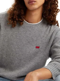 Pull léger oversize en laine stretch grise unie à col rond côtelé