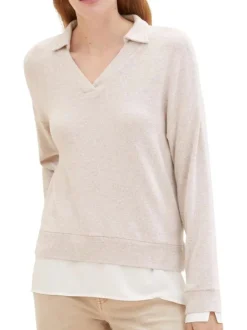 Pull lilas uni à coupe droite un col de chemise en V et des manches longues