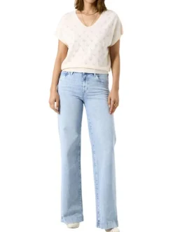 Pull à manches courtes écru uni avec des petits motifs ajourés et à coupe ample