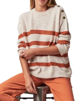 Pull manches longues beige à rayures orange avec col rond et coupe oversize