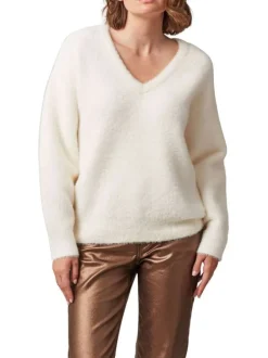 Pull manches longues blanc uni à coupe droite avec col v et texture douce