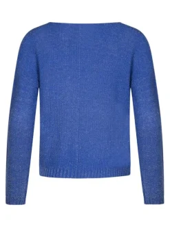 Pull manches longues bleu uni avec une coupe droite et un col v