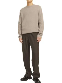 Pull manches longues en coton beige en maille fine à coupe droite avec col rond
