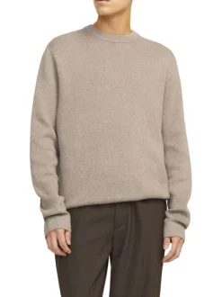 Pull manches longues en coton beige en maille fine à coupe droite avec col rond