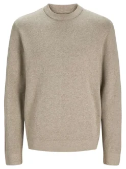 Pull manches longues en coton beige en maille fine à coupe droite avec col rond