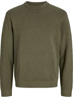 Pull manches longues en coton kaki en maille fine à coupe droite avec col rond