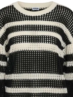 Pull manches longues noir et blanc rayé en maille ajourée avec col rond
