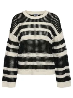 Pull manches longues noir et blanc rayé en maille ajourée avec col rond