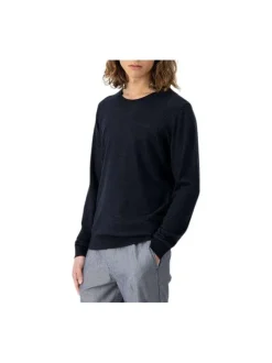 Pull marine avec un col rond une coupe droite et un logo brodé à la poitrine