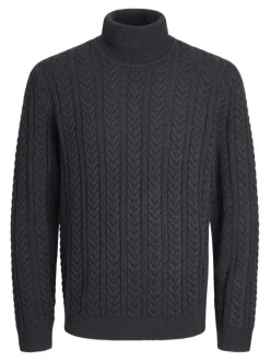 Pull marine en maille torsadée à coupe droite avec col roulé et manches longues