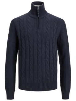 Pull marine en maille torsadée coupe droite col camionneur et à manches longues
