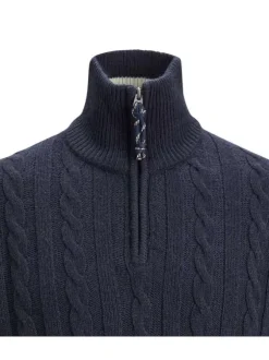 Pull marine en maille torsadée coupe droite col camionneur et à manches longues