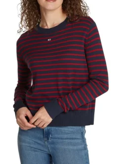 Pull marine et rouge rayé à coupe droite, col rond et à manches longues