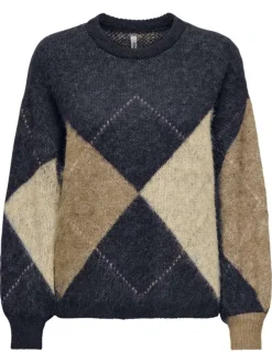 Pull marine imprimé avec un col rond à coupe droite et des manches longues