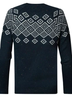 Pull marine moucheté à motifs losanges blancs avec coupe droite et col rond