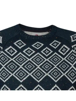 Pull marine moucheté à motifs losanges blancs avec coupe droite et col rond
